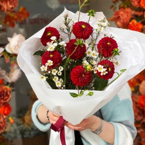 Букет "Марс" из георгин и хамелациума в Солнечногорске