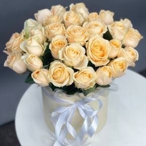 Композиция в шляпной коробке из 35 кремовых кенийских роз в Солнечногорске