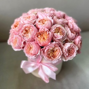 Композиция в шляпной коробке из кустовой пионовидной розы Джульетта в Солнечногорске