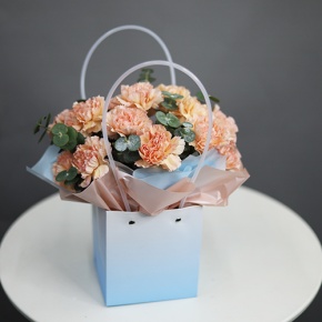 Стильная композиция в сумочке из диантусов и эвкалипта в Солнечногорске