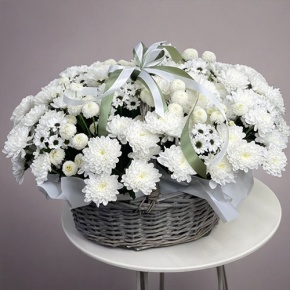Композиция в корзине "Снежная лавина" из хризантем в Солнечногорске